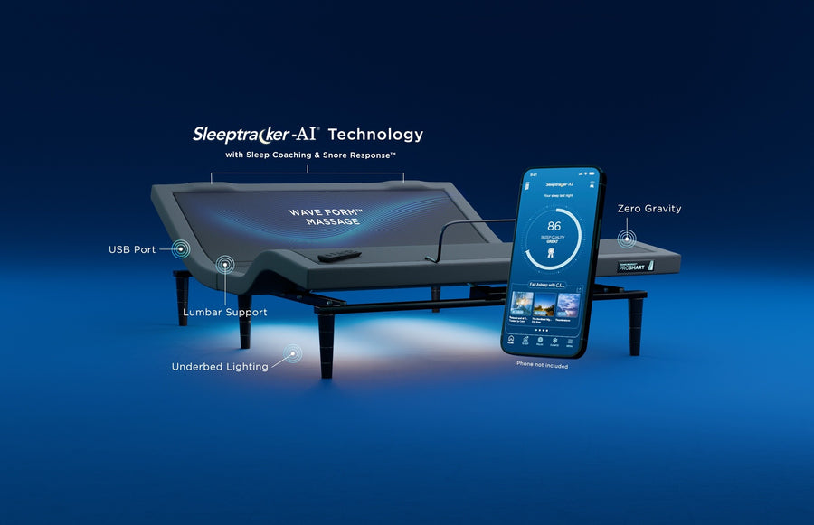 Adjustable bed base with raised head and foot and smartphone controls