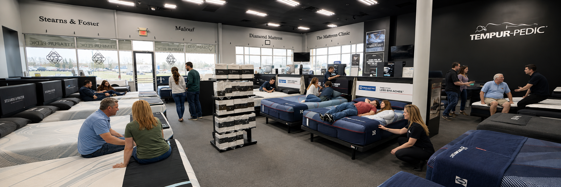 Shoppers from Oklahoma City testing premium mattresses at The Mattress Clinic in Moore, OK, while comparing comfort, support, and pressure relief in the showroom.