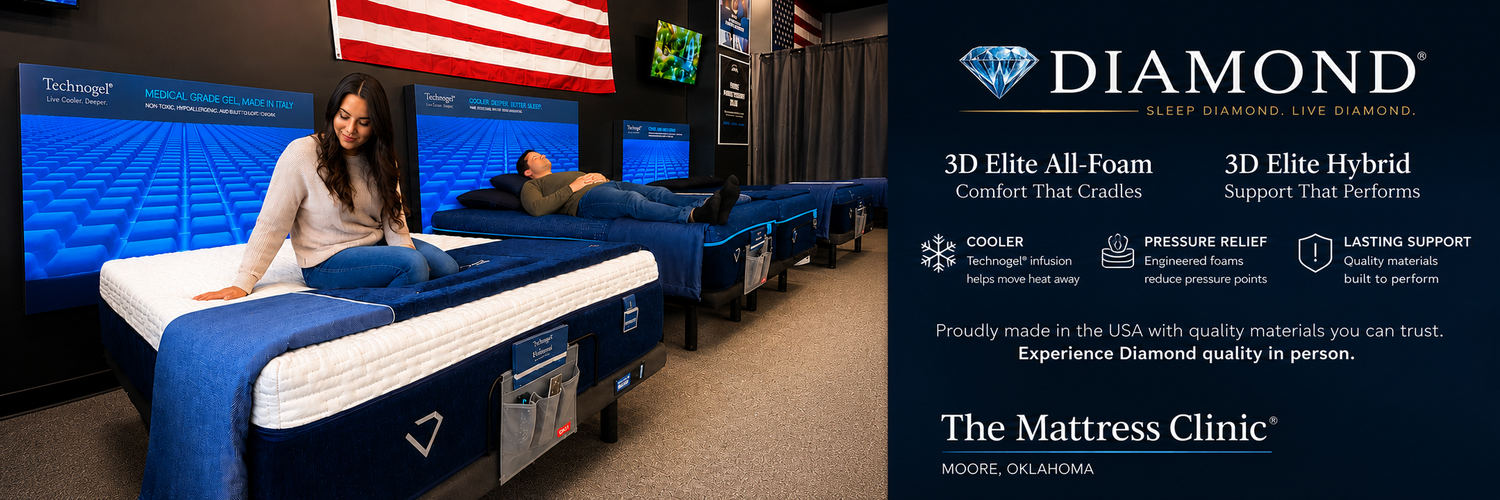 Customers comparing Diamond Technogel 3D Elite All-Foam and Hybrid mattresses at The Mattress Clinic showroom in Moore, OK.