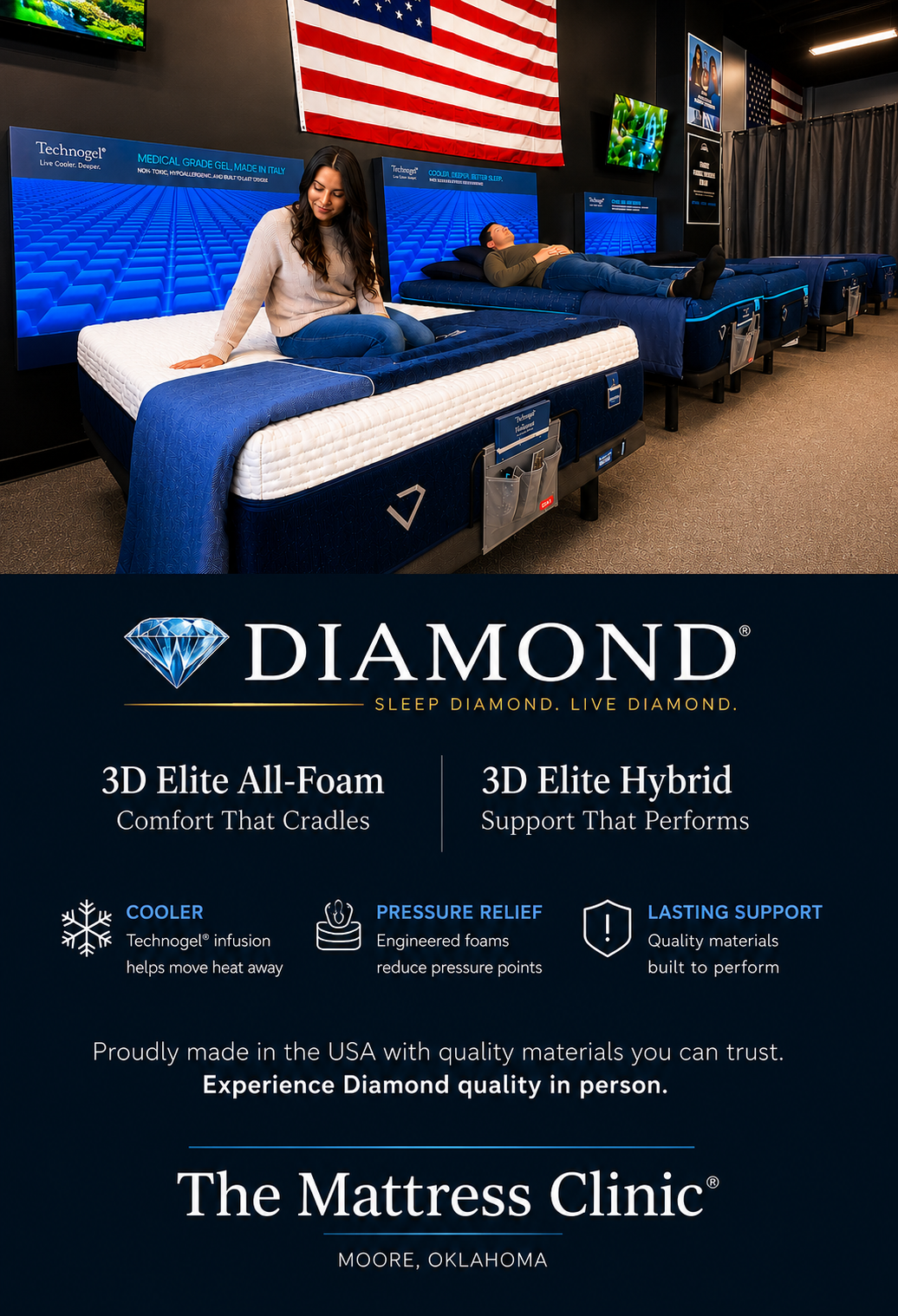 Customers exploring Diamond Technogel 3D Elite All-Foam and Hybrid mattresses inside The Mattress Clinic showroom in Moore, OK.