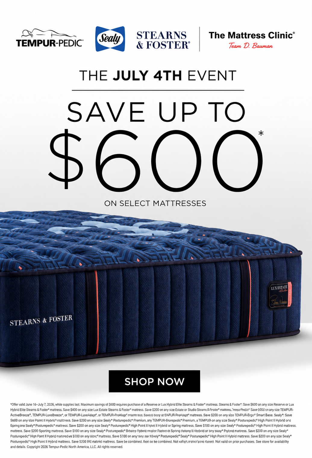 Mobile July 4th mattress sale banner featuring Tempur-Pedic, Sealy, and Stearns & Foster with savings up to $600 at The Mattress Clinic in Moore, Oklahoma.