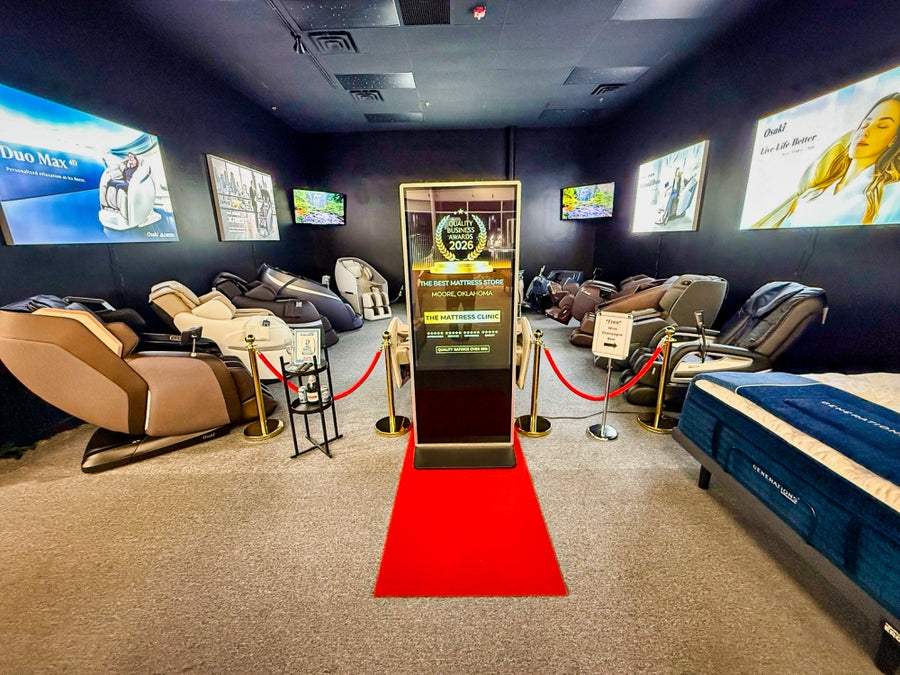 Massage chairs on display in The Mattress Clinic showroom in Moore, Oklahoma