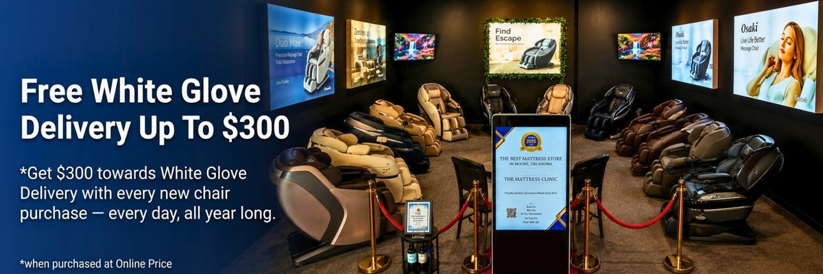 Massage chair showroom at The Mattress Clinic with up to $300 toward white glove delivery with a new massage chair purchase at online price.