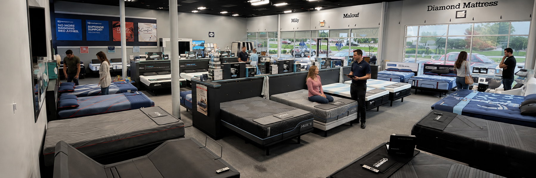 Customers from Oklahoma City compare mattresses side by side at The Mattress Clinic showroom in Moore, OK, with a sleep specialist helping shoppers test different comfort and support options.