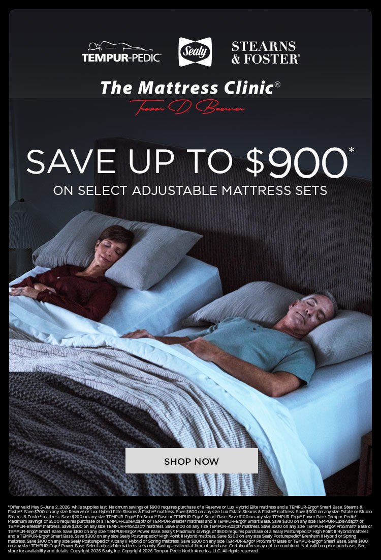 Memorial Day adjustable mattress sale at The Mattress Clinic in Moore Oklahoma featuring Tempur-Pedic Sealy and Stearns & Foster mattresses