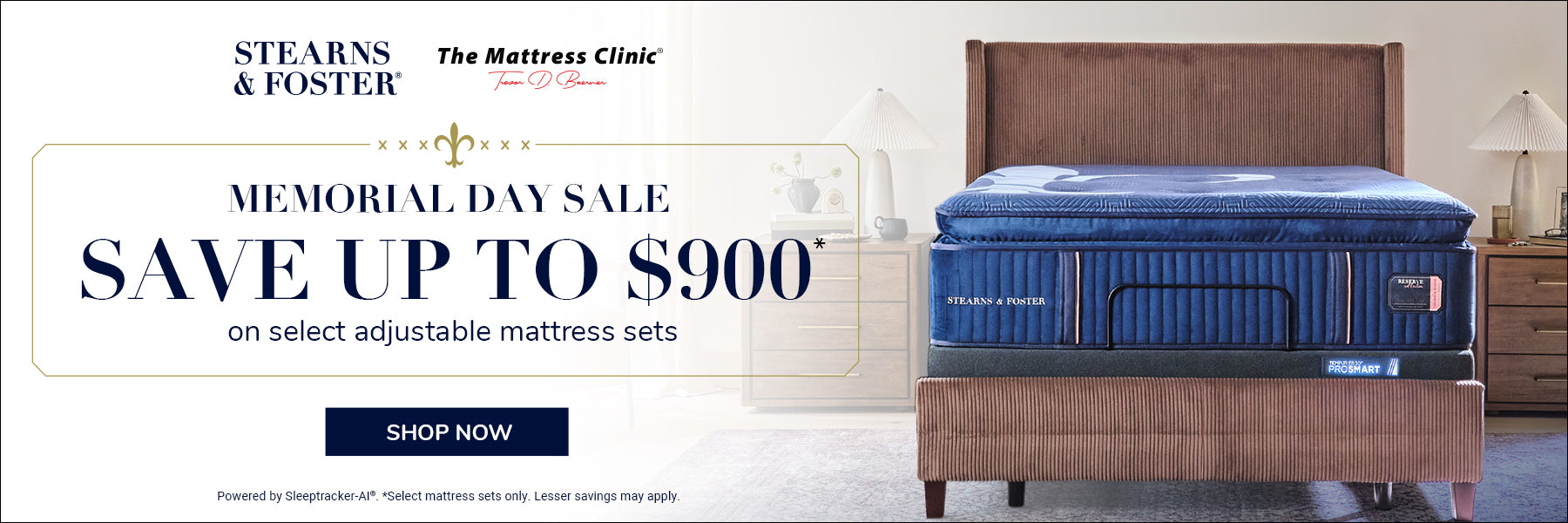 Stearns and Foster luxury adjustable mattress sale banner at The Mattress Clinic