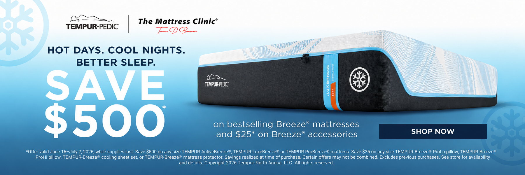 Tempur-Pedic Breeze cooling mattress sale at The Mattress Clinic in Moore, Oklahoma with savings up to $500 on select Breeze mattresses.