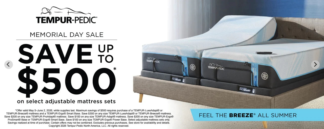 Tempur-Pedic Memorial Day mattress sale promotion at The Mattress Clinic in Moore, OK featuring cooling Breeze mattresses and adjustable mattress set savings