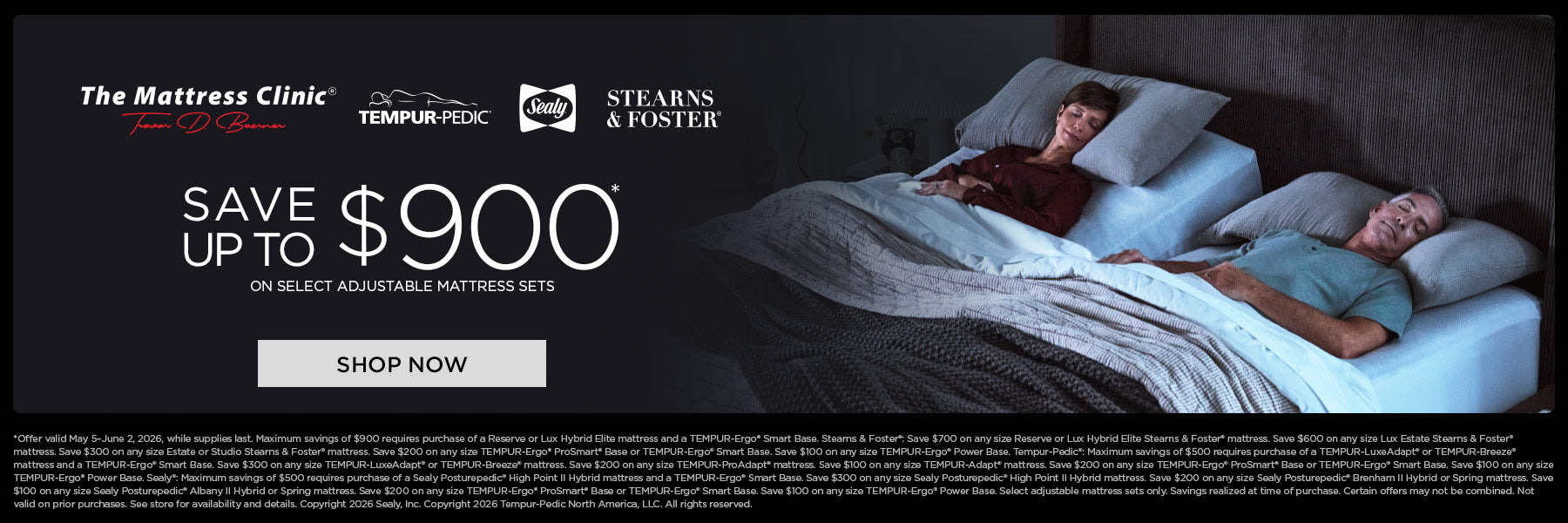 Adjustable mattress sale banner from The Mattress Clinic near Oklahoma City featuring Tempur-Pedic Sealy and Stearns and Foster
